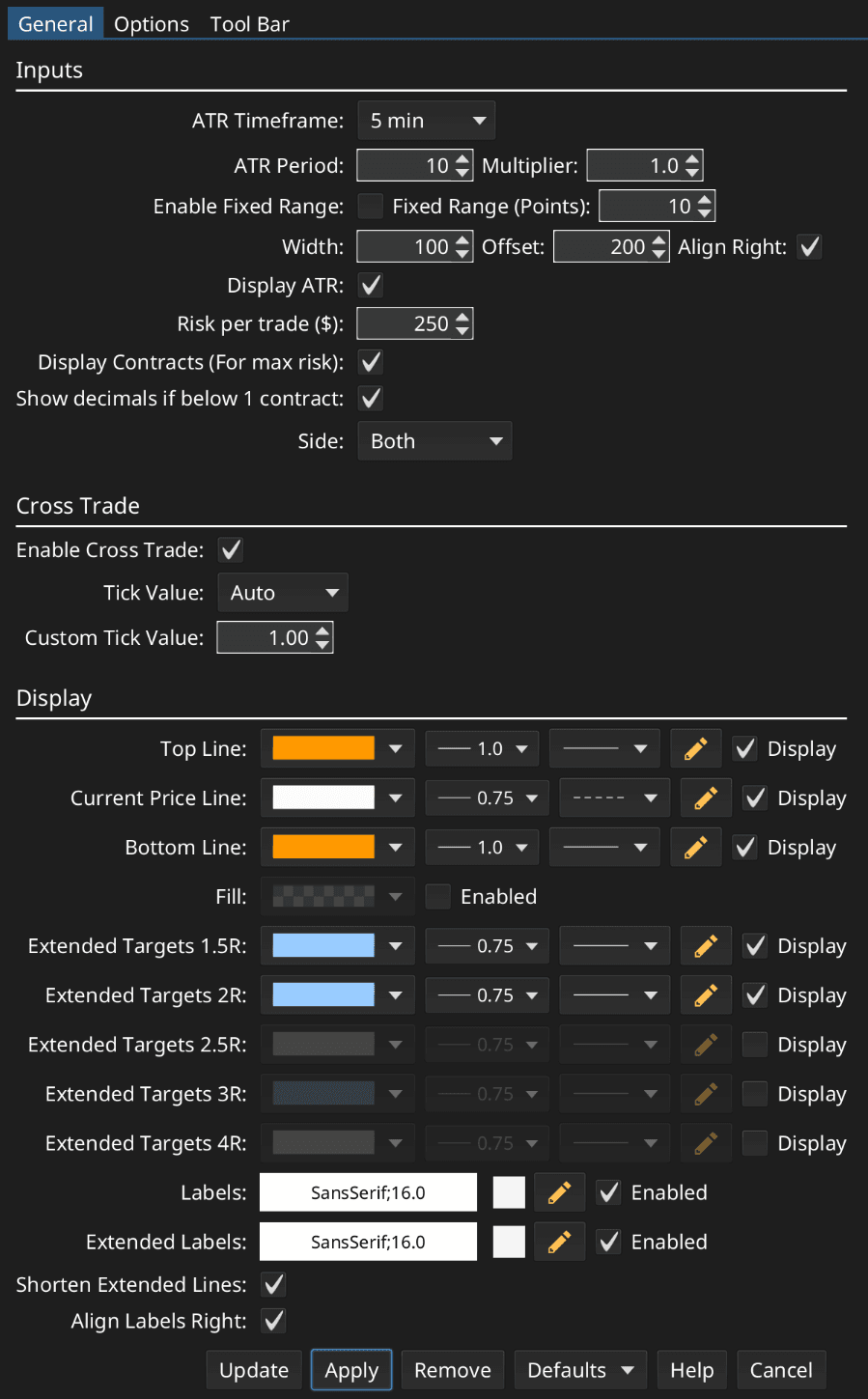 RR Tool Settings window